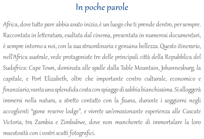 In poche parole Africa, dove tutto pare abbia avuto inizio, è un luogo che ti prende dentro, per sempre. Raccontata in letteratura, esaltata dal cinema, presentata in numerosi documentari, è sempre intorno a noi, con la sua straordinaria e genuina bellezza. Questo itinerario, nell’Africa australe, vede protagoniste tre delle principali città della Repubblica del Sudafrica: Cape Town, dominata alle spalle dalla Table Mountain, Johannesburg, la capitale, e Port Elizabeth, oltre che importante centro culturale, economico e finanziario, vanta una splendida costa con spiagge di sabbia bianchissima. Si alloggerà immersi nella natura, a stretto contatto con la fauna, durante i soggiorni negli accoglienti “game reserve lodge”, e vivrete un’emozionante esperienza alle Cascate Victoria, tra Zambia e Zimbabwe, dove non mancherete di immortalare la loro maestosità con i vostri scatti fotografici.